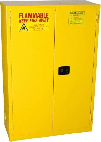 PRO-SAFE - 2 Door, 2 Shelf, Yellow Steel Standard Safety Cabinet for Flammable and Combustible Liquids - 65" High x 43" Wide x 18" Deep, Manual Closing Door, 3 Point Key Lock, 45 Gal Capacity - Benchmark Tooling