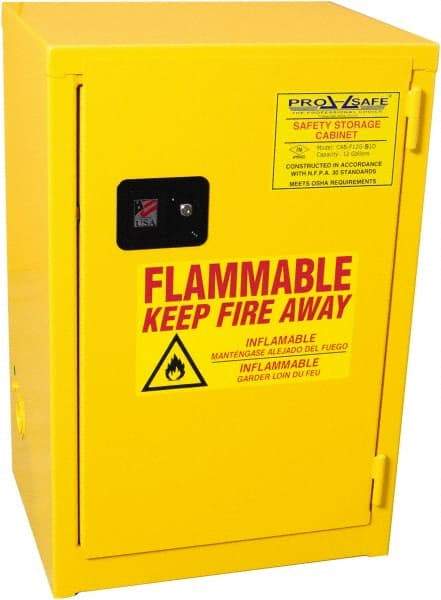 PRO-SAFE - 1 Door, 1 Shelf, Yellow Steel Space Saver Safety Cabinet for Flammable and Combustible Liquids - 35" High x 23" Wide x 18" Deep, Self Closing Door, 3 Point Key Lock, 12 Gal Capacity - Benchmark Tooling