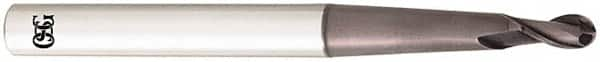 OSG - 3/8" Diam, 0.6" LOC, 2 Flute Solid Carbide Ball End Mill - TiAlN Finish, Single End, 4" OAL, 1/2" Shank Diam, Spiral Flute - Benchmark Tooling