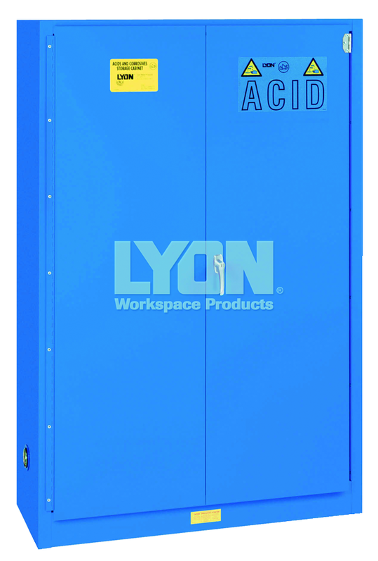 Acid Storage Cabinet - #5545 - 43 x 18 x 65" - 45 Gallon - w/2 shelves, three poly trays, bi-fold self-closing door - Blue Only - Benchmark Tooling