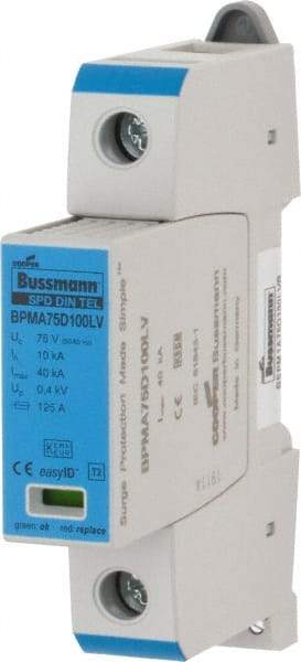 Cooper Bussmann - 1 Pole, 1 Phase, 10 kA Nominal Current, 90mm Long x 18mm Wide x 65mm Deep, Thermoplastic Hardwired Surge Protector - DIN Rail Mount, 100 VDC, 75 VAC, 100 VDC, 75 VAC Operating Voltage, 40 kA Surge Protection - Benchmark Tooling