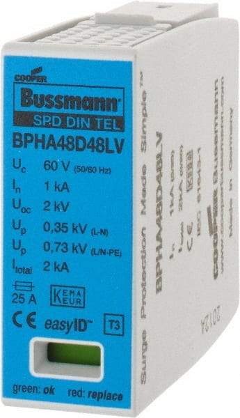 Cooper Bussmann - 2 Pole, 1 Phase, 1 kA Nominal Current, 90mm Long x 18mm Wide x 66mm Deep, Thermoplastic Hardwired Surge Protector - DIN Rail Mount, 48 VAC/VDC, 60 VAC/VDC Operating Voltage, 60 kA Surge Protection - Benchmark Tooling