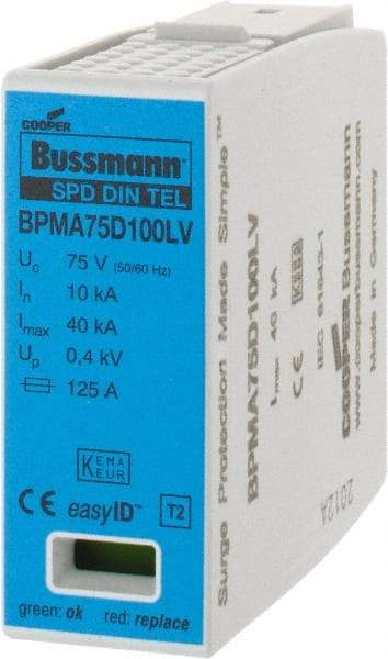 Cooper Bussmann - 1 Pole, 1 Phase, 10 kA Nominal Current, 90mm Long x 18mm Wide x 65mm Deep, Thermoplastic Hardwired Surge Protector - DIN Rail Mount, 100 VDC, 75 VAC, 100 VDC, 75 VAC Operating Voltage, 40 kA Surge Protection - Benchmark Tooling