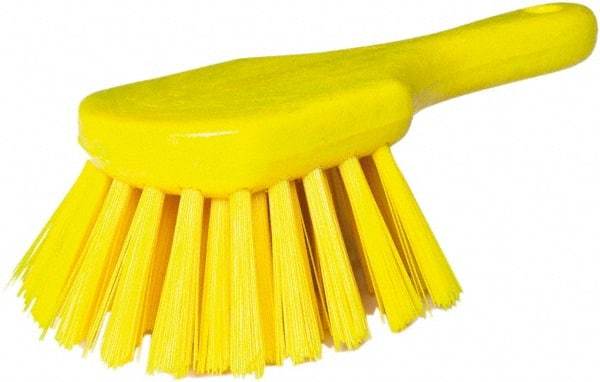 PRO-SOURCE - 1-3/4" Bristle Length, Plastic Utility Scrub Brush - 4-1/2" Long x 3-3/4" Wide Head, 8-1/2" OAL, Short Handle, Yellow, Foam Block - Benchmark Tooling