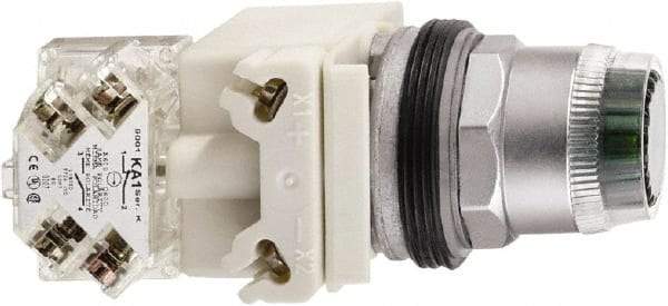 Schneider Electric - 1.22 Inch Mount Hole, Flush, Pushbutton Switch with Contact Block - Round, Amber Pushbutton, Illuminated, Momentary (MO), Dusttight, Oiltight, Watertight and Shock and Vibration Resistant - Benchmark Tooling