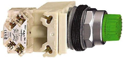 Schneider Electric - 1.22 Inch Mount Hole, Extended Mushroom Head, Pushbutton Switch with Contact Block - Round, Green Pushbutton, Illuminated, Momentary (MO), Dusttight, Oiltight, Watertight and Shock and Vibration Resistant - Benchmark Tooling