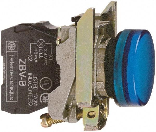 Square D - 110-120 VAC Blue Lens LED Indicating Light - Round Lens, Screw Clamp Connector, 46.5mm OAL x 30mm Wide, Shock Resistant, Vibration Resistant - Benchmark Tooling