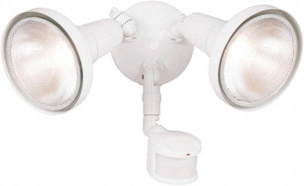 Cooper Lighting - 2 Head, 70 Ft. Detection, 180° Angle, PAR Lamp Motion Sensing Light Fixture - 120 Volt, 300 Watt, Metal White Housing, Wall, Eave Mounted - Benchmark Tooling