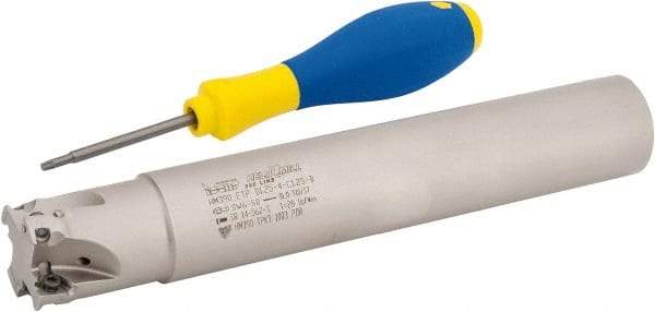 Iscar - 1-1/4" Cut Diam, 0.315" Max Depth of Cut, 1-1/4" Shank Diam, 7.87" OAL, Indexable Square Shoulder Helical End Mill - HM390 TPKT 1003 Inserts, Cylindrical Shank, 90° Lead Angle, Through Coolant, Series HeliIQMill - Benchmark Tooling