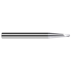 Ball End Mill: 0.125″ Dia, 0.1″ LOC, 2 Flute, Solid Carbide 2-1/2″ OAL, 1/4″ Shank Dia, 45 ° Helix, TiB2 Coated, Single End