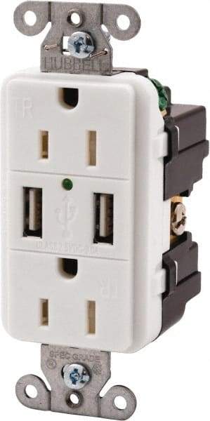 Hubbell Wiring Device-Kellems - 2 USB Port, 2 Receptacle, 125 VAC, 5 VDC USB Receptacle - 5-15R NEMA Configuration, 15 Amp, White, 3.8 Amp Charging Power, Screw Mount - Benchmark Tooling