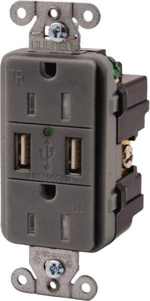 Hubbell Wiring Device-Kellems - 2 USB Port, 2 Receptacle, 125 VAC, 5 VDC USB Receptacle - 5-15R NEMA Configuration, 15 Amp, Gray, 3.8 Amp Charging Power, LED Indicator Light - Benchmark Tooling