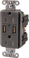 Hubbell Wiring Device-Kellems - 2 USB Port, 2 Receptacle, 125 VAC, 5 VDC USB Receptacle - 5-15R NEMA Configuration, 15 Amp, Gray, 3.8 Amp Charging Power, LED Indicator Light - Benchmark Tooling