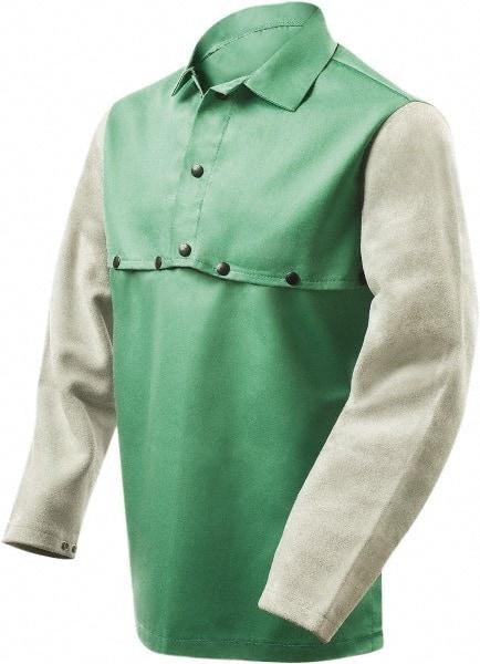 Steiner - Size 4XL, 19" Long, Flame Resistant, Cape Sleeves & Bib - Cotton & Leather, 9 oz, Green & Gray - Benchmark Tooling
