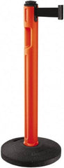 Lavi Industries - 38-1/4" High, 3-1/4" Pole Diam, Stanchion - 16" Base Diam, Dome Recycled Rubber Base, Orange Plastic Post, 12' x 2" Tape, Single Line Tape, For Outdoor Use - Benchmark Tooling