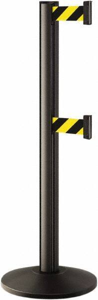 Lavi Industries - 40" High, 2-3/4" Pole Diam, Stanchion - 14" Base Diam, Dome Cast Iron Base, Black Aluminum Post, 7' x 2" Tape, Single Line Tape - Benchmark Tooling