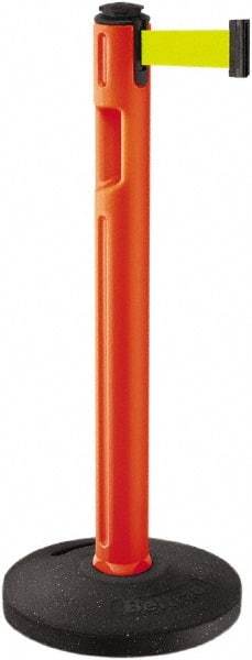 Lavi Industries - 38-1/4" High, 3-1/4" Pole Diam, Stanchion - 16" Base Diam, Dome Recycled Rubber Base, Orange Plastic Post, 12' x 2" Tape, Single Line Tape, For Outdoor Use - Benchmark Tooling