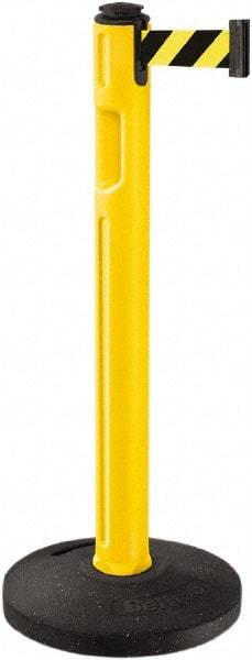 Lavi Industries - 38-1/4" High, 3-1/4" Pole Diam, Stanchion - 16" Base Diam, Dome Recycled Rubber Base, Yellow Plastic Post, 12' x 2" Tape, Single Line Tape, For Outdoor Use - Benchmark Tooling