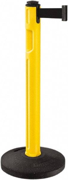 Lavi Industries - 38-1/4" High, 3-1/4" Pole Diam, Stanchion - 16" Base Diam, Dome Recycled Rubber Base, Yellow Plastic Post, 12' x 2" Tape, Single Line Tape, For Outdoor Use - Benchmark Tooling