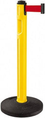 Lavi Industries - 38-1/4" High, 3-1/4" Pole Diam, Stanchion - 16" Base Diam, Dome Recycled Rubber Base, Yellow Plastic Post, 12' x 2" Tape, Single Line Tape, For Outdoor Use - Benchmark Tooling