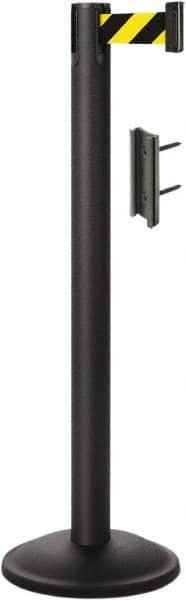 Lavi Industries - 38-1/2" High, 2-3/4" Pole Diam, Stanchion - 12-1/2" Base Diam, Round Steel Base, Black Steel Post, 7' x 2" Tape, Single Line Tape - Benchmark Tooling