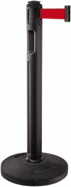 Lavi Industries - 38-1/4" High, 3-1/4" Pole Diam, Stanchion - 16" Base Diam, Dome Recycled Rubber Base, Black Plastic Post, 12' x 2" Tape, Single Line Tape, For Outdoor Use - Benchmark Tooling