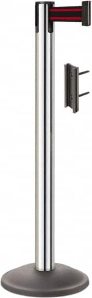 Lavi Industries - 38-1/2" High, 2-3/4" Pole Diam, Stanchion - 12-1/2" Base Diam, Round Steel Base, Polished Chrome (Color) Steel Post, 7' x 2" Tape, Single Line Tape - Benchmark Tooling