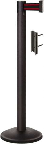 Lavi Industries - 38-1/2" High, 2-3/4" Pole Diam, Stanchion - 12-1/2" Base Diam, Round Steel Base, Black Steel Post, 7' x 2" Tape, Single Line Tape - Benchmark Tooling