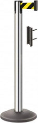 Lavi Industries - 38-1/2" High, 2-3/4" Pole Diam, Stanchion - 12-1/2" Base Diam, Round Steel Base, Polished Chrome (Color) Steel Post, 7' x 2" Tape, Single Line Tape - Benchmark Tooling