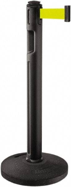 Lavi Industries - 38-1/4" High, 3-1/4" Pole Diam, Stanchion - 16" Base Diam, Dome Recycled Rubber Base, Black Plastic Post, 12' x 2" Tape, Single Line Tape, For Outdoor Use - Benchmark Tooling