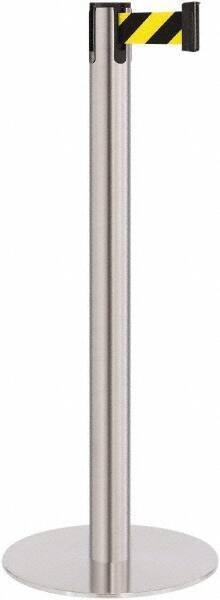 Lavi Industries - 40" High, 2-3/4" Pole Diam, Stanchion - 14-1/2" Base Diam, Flat Cast Iron Base, Satin Chrome (Color) Steel Post, 7' x 2" Tape, Single Line Tape - Benchmark Tooling