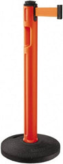 Lavi Industries - 38-1/4" High, 3-1/4" Pole Diam, Stanchion - 16" Base Diam, Dome Recycled Rubber Base, Orange Plastic Post, 12' x 2" Tape, Single Line Tape, For Outdoor Use - Benchmark Tooling