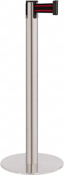 Lavi Industries - 40" High, 2-3/4" Pole Diam, Stanchion - 14-1/2" Base Diam, Flat Cast Iron Base, Satin Chrome (Color) Steel Post, 7' x 2" Tape, Single Line Tape - Benchmark Tooling