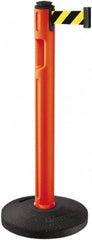 Lavi Industries - 38-1/4" High, 3-1/4" Pole Diam, Stanchion - 16" Base Diam, Dome Recycled Rubber Base, Orange Plastic Post, 12' x 2" Tape, Single Line Tape, For Outdoor Use - Benchmark Tooling