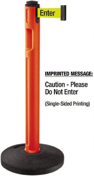 Lavi Industries - 38-1/4" High, 3-1/4" Pole Diam, Stanchion - 16" Base Diam, Dome Recycled Rubber Base, Orange Plastic Post, 12' x 2" Tape, Single Line Tape, For Outdoor Use - Benchmark Tooling