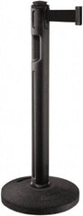 Lavi Industries - 38-1/4" High, 3-1/4" Pole Diam, Stanchion - 16" Base Diam, Dome Recycled Rubber Base, Black Plastic Post, 12' x 2" Tape, Single Line Tape, For Outdoor Use - Benchmark Tooling