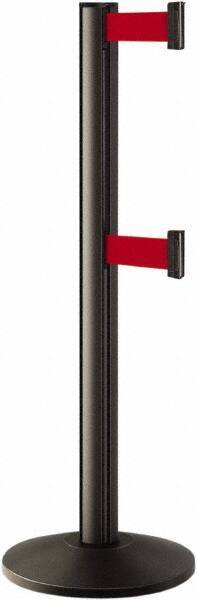 Lavi Industries - 40" High, 2-3/4" Pole Diam, Stanchion - 14" Base Diam, Dome Cast Iron Base, Black Aluminum Post, 7' x 2" Tape, Single Line Tape - Benchmark Tooling