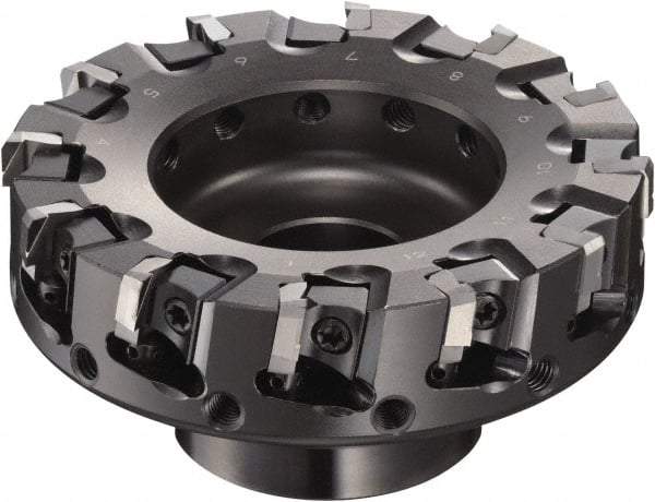 Sumitomo - 100mm Cut Diam, 1/2" Arbor Hole, 50mm Max Depth of Cut, 90° Indexable Chamfer & Angle Face Mill - 12 Inserts, NF-LDEN Insert, Right Hand Cut, 12 Flutes, Through Coolant, Series HF - Benchmark Tooling