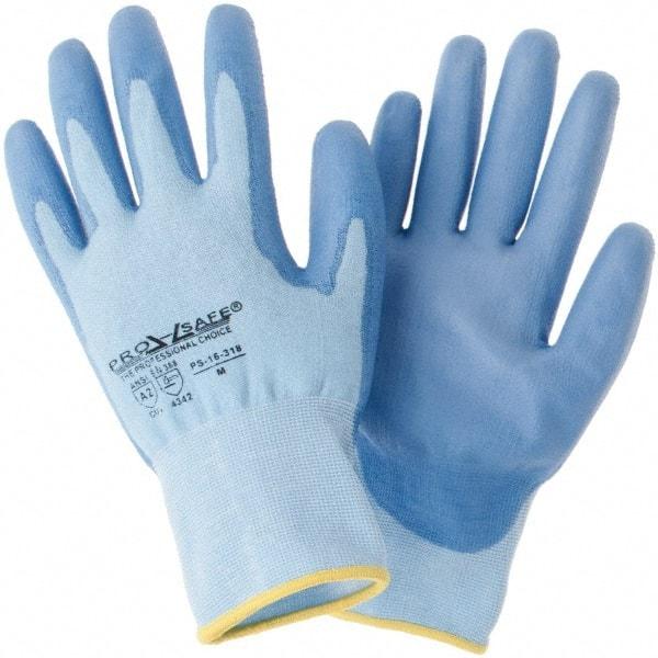 PRO-SAFE - Size M (8), ANSI Cut Lvl 2, Polyurethane Coated HPPE Fiber Cut Resistant Gloves - Palm & Fingers Coated, Continuous Knit Cuff, Blue, Paired - Benchmark Tooling