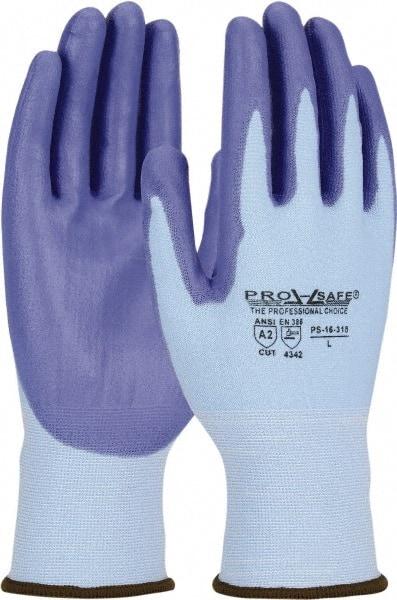 PRO-SAFE - Size S (7), ANSI Cut Lvl 2, Polyurethane Coated HPPE Fiber Cut Resistant Gloves - Palm & Fingers Coated, Continuous Knit Cuff, Blue, Paired - Benchmark Tooling