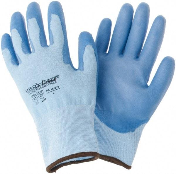 PRO-SAFE - Size L (9), ANSI Cut Lvl 2, Polyurethane Coated HPPE Fiber Cut Resistant Gloves - Palm & Fingers Coated, Continuous Knit Cuff, Blue, Paired - Benchmark Tooling