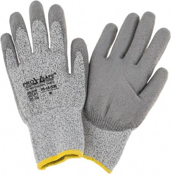 PRO-SAFE - Size M (8), ANSI Cut Lvl 2, Polyurethane Coated HPPE Fiber Cut Resistant Gloves - Palm & Fingers Coated, Elastic Knit Cuff, Gray, Paired - Benchmark Tooling