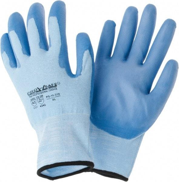 PRO-SAFE - Size XL (10), ANSI Cut Lvl 2, Polyurethane Coated HPPE Fiber Cut Resistant Gloves - Palm & Fingers Coated, Continuous Knit Cuff, Blue, Paired - Benchmark Tooling