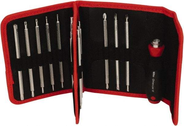 Wiha - 15 Piece, 4mm Drive Screwdriver Insert Torx Bit Set - #1 to #2 Phillips, 2 to 6mm Hex, T6 to T40 Torx, 3.5 to 4.5 & 5.5 to 6.5mm Slotted - Benchmark Tooling