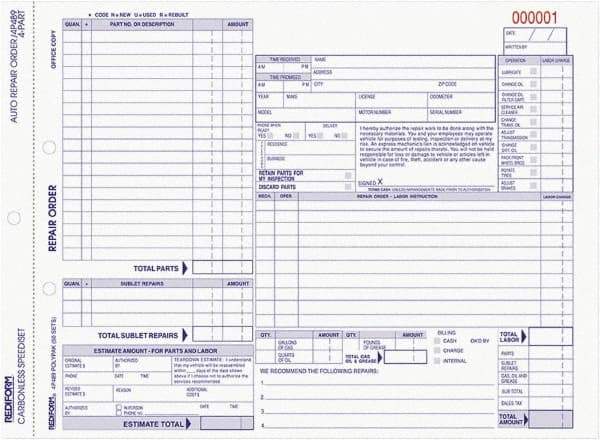 REDIFORM - 50 Sheet, 8-1/2 x 11", Auto Repair Form - White & Blue - Benchmark Tooling