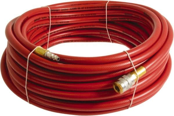 Continental ContiTech - 3/8" ID x 0.6" OD 50' Long Multipurpose Air Hose - Industrial Interchange Safety Coupler x Male Plug Ends, 300 Working psi, -10 to 158°F, 1/4" Fitting, Red - Benchmark Tooling