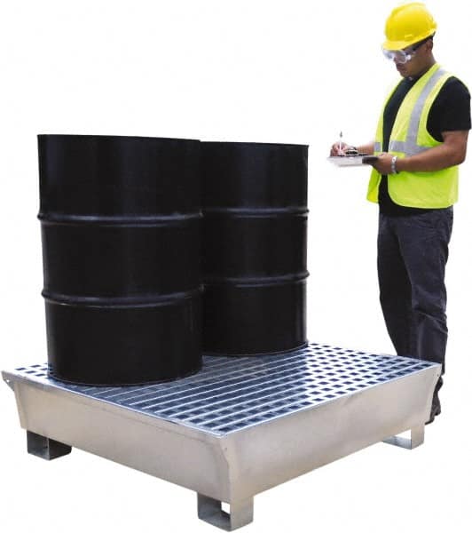 UltraTech - 68 Gal Sump, 3,875 Lb Capacity, 4 Drum, Galvanized Steel Spill Deck or Pallet - 47-1/4" Long x 47-1/4" Wide x 13-1/4" High - Benchmark Tooling