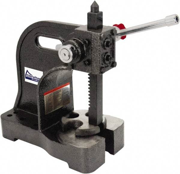 Gibraltar - 1-1/2" Ram, 5-1/4" Throat Depth, 3 Ton Manual Arbor Press - 12-1/2" Max Work Height x 16-1/2" Max Work Width, Single Leverage, 20:1 Leverage Ratio, 8-1/2" Base Width x 10" Base Depth - Benchmark Tooling