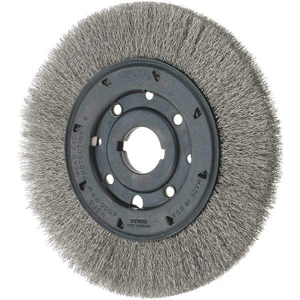 Osborn - 8" OD, 1-1/4" Arbor Hole, Crimped Stainless Steel Wheel Brush - 3/4" Face Width, 1-1/2" Trim Length, 0.01" Filament Diam, 4,500 RPM - Benchmark Tooling