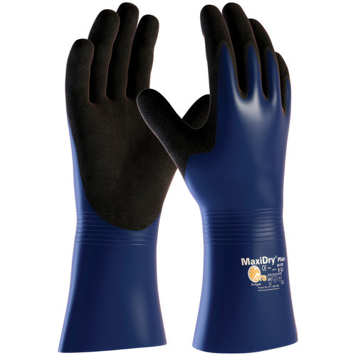 ‎56-530/L Coated Supported Gloves - MaxiDry Plus - Nylon/Lycra Liner - Blue/Black Nitrile - Full Coat - 12 In. - Exact Industrial Supply